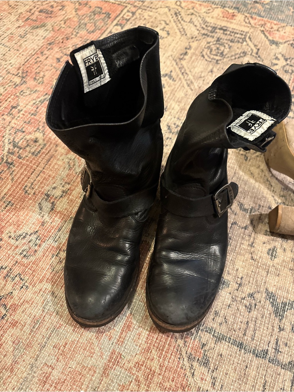 Frye Black Leather Buckle Combat Boots